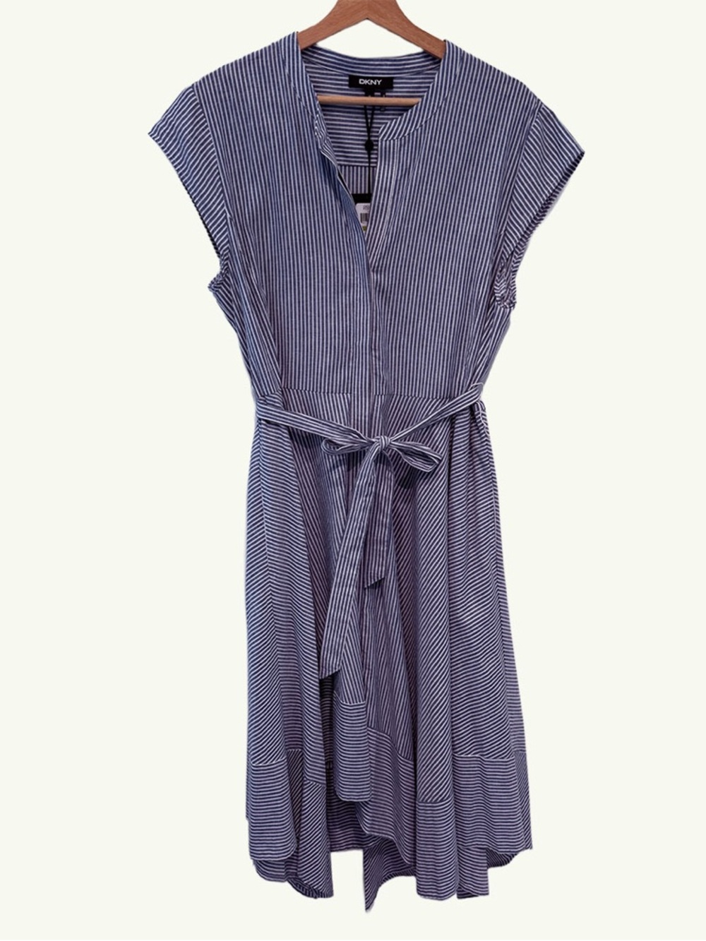 NWT DKNY Linen Blend Shirt Dress Blue White Stripe Handkerchief Hem Size 14